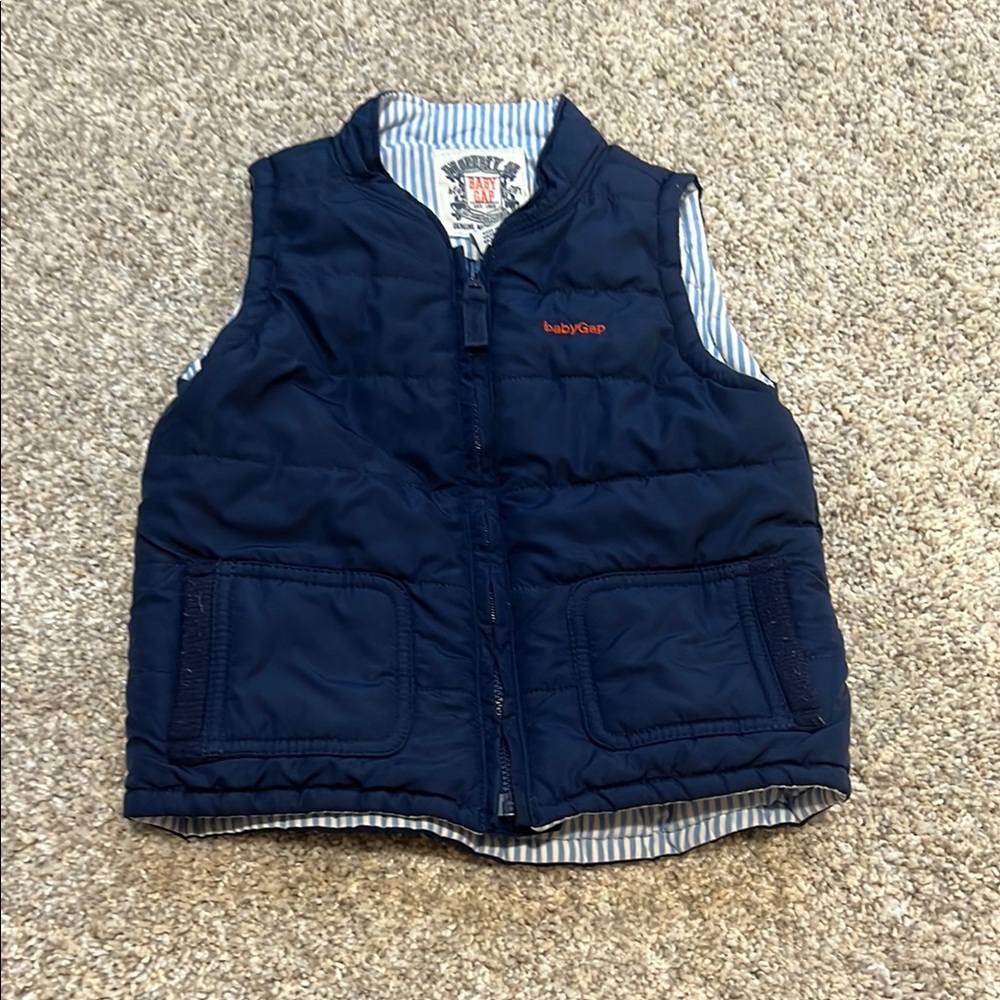 GAP Blue Quilted Puffer Vest with Striped Lining